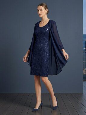 Navy Sequin Lace Dress Duster Set Y2K Deadstock Vintage Evening Gala XS